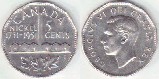 1951 Canada 5 Cents (Nickel Bicentenary) A003533